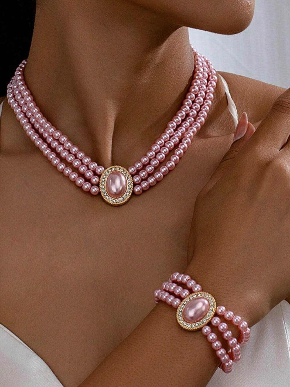 Pink Elegant Women's Faux Pearl Multi-Layer Set Necklace Bracelet Earrings